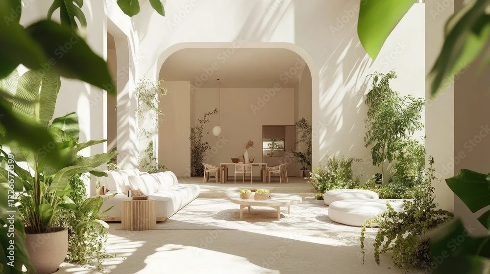 Obraz premium A minimalist terrace with neutral-toned furniture, surrounded by greenery and potted flowers