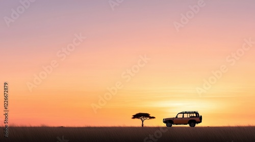 Car parked in a field at sunset with safari vehicle silhouette against vibrant sky