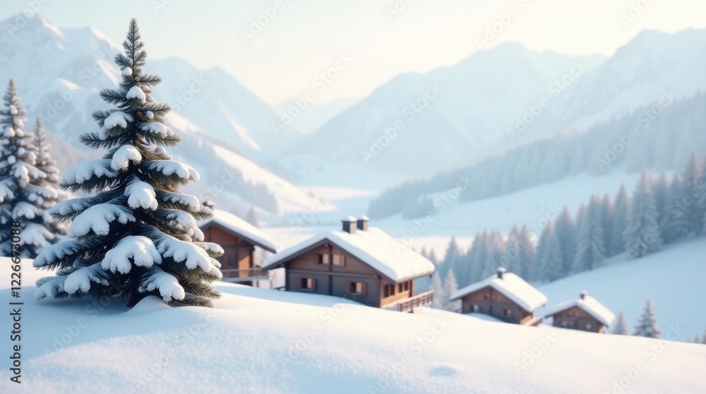 Serene Winter Landscape Featuring Snow-Covered Evergreen Tree and Charming Alpine Chalets Nestled Amongst Pristine Snow-Dusted Mountains Serene Winter Landscape Featuring Snow-Covered Evergreen Tree and Charming Alpine Chalets Nestled Amongst Pristine Snow-Dusted Mountains