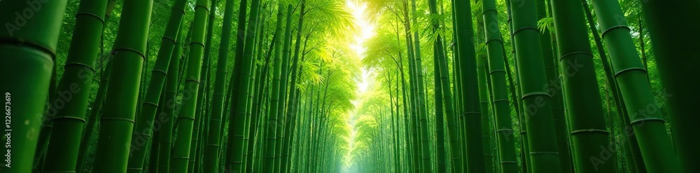 Fototapeta premium High-angle shot of dense bamboo grove with sunlight filtering through the tall stalks, vegetation, forest