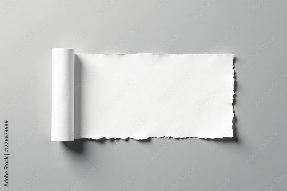 Naklejka premium A Rolled-Up Piece of White Paper with a Torn Edge, on a Grey Background, Ready for Your Message