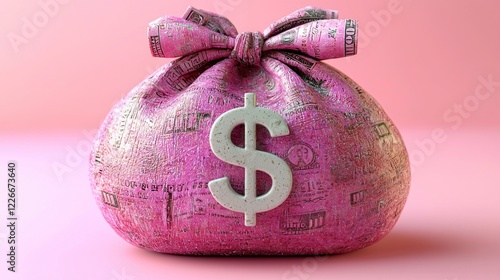 Pink money sack with dollar sign on pink background, for financial themed use