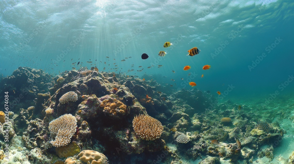 Naklejka premium Underwater scene showcasing vibrant coral reefs and diverse marine life.