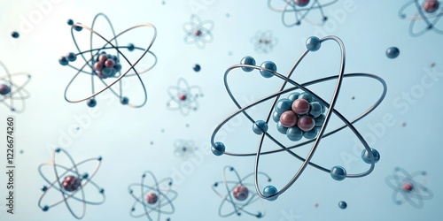 
A scientifically inspired 3D render of atoms and molecules floating in space, showing metallic orbits and protons/neutrons at the center. A futuristic, educational, and abstract visualization.