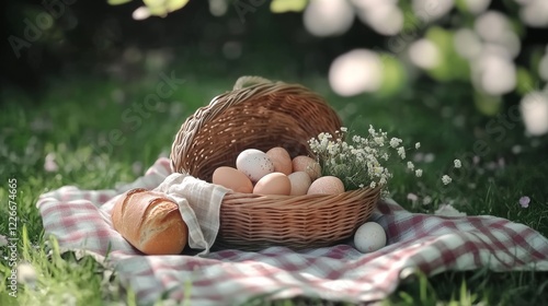 Bounty of fresh eggs in a woven basket on a picnic blanket in a sunny garden photo