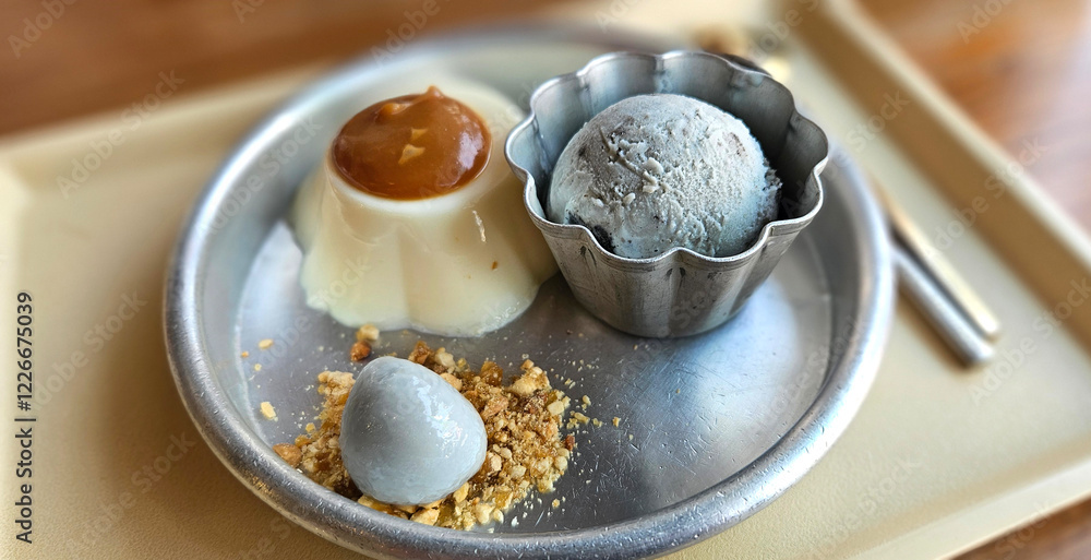 Black sesame homemade ice cream scoop serving with Chinese style glutinous rice balls, and caramel eggs pudding
