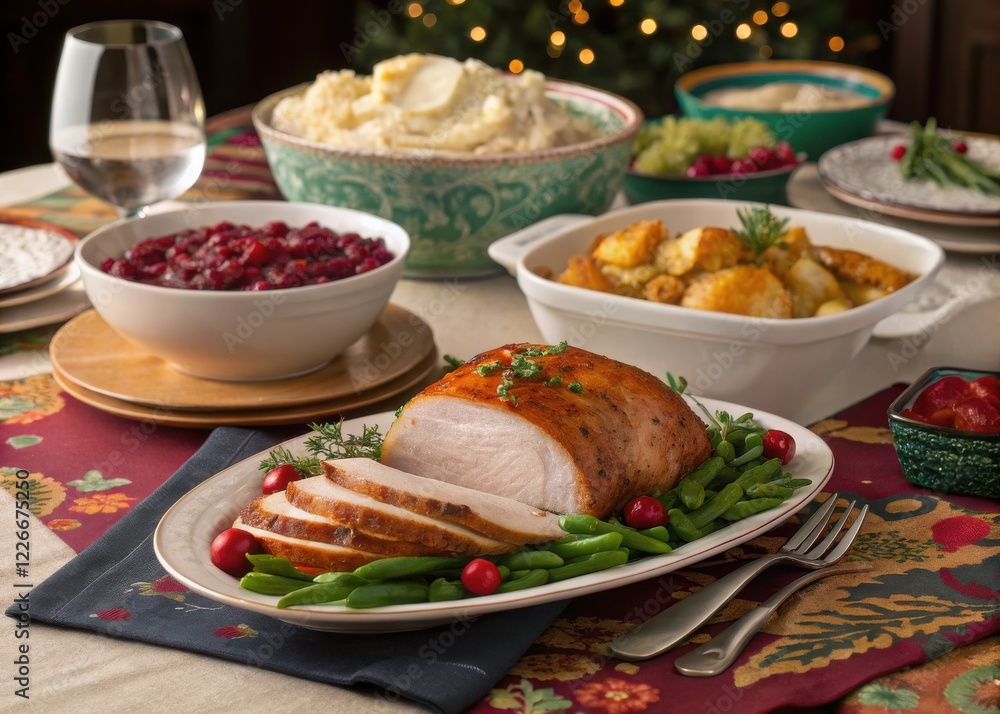 Plate of holiday food on table with christmas tree in background for festive dinner celebration Plate of holiday food on table with christmas tree in background for festive dinner celebration