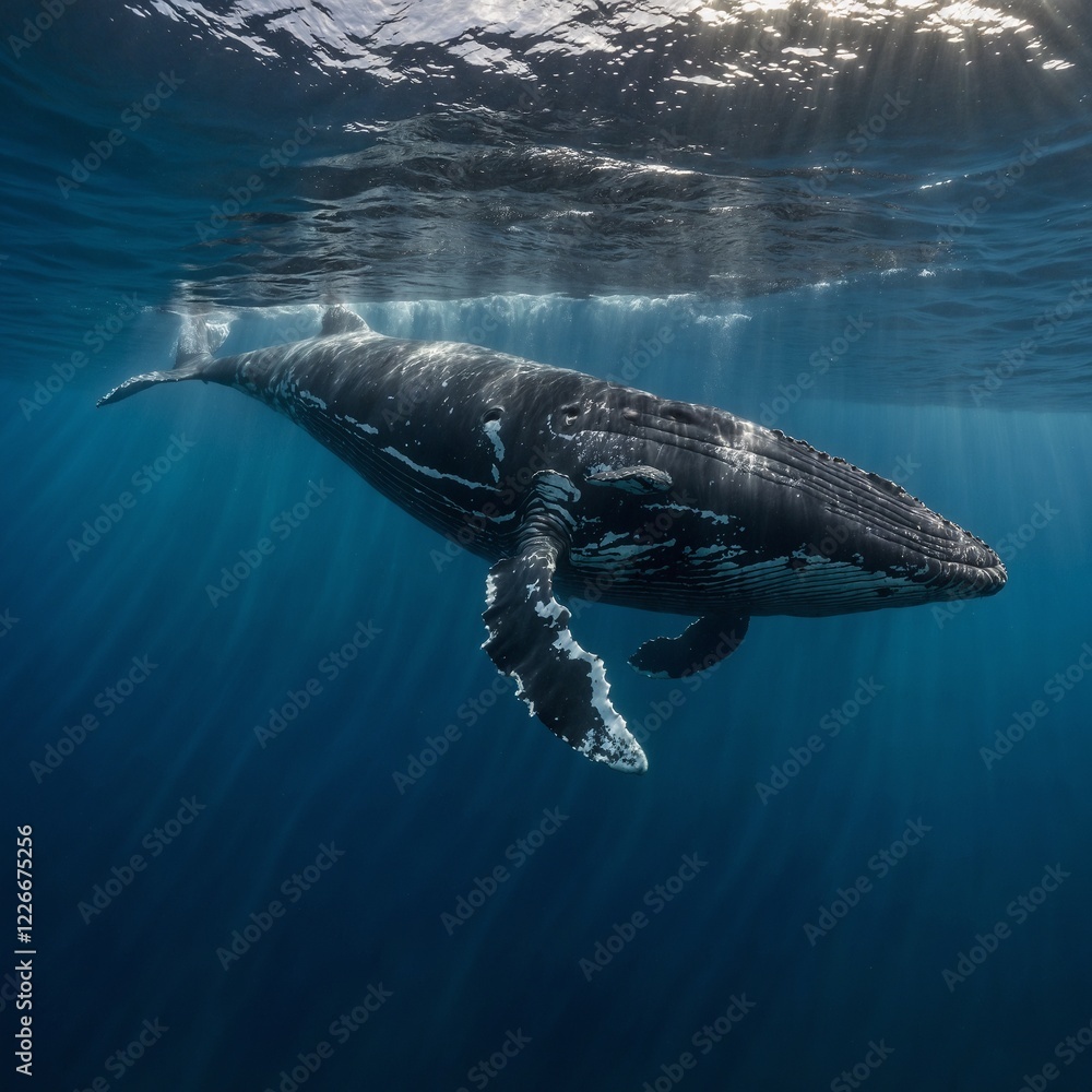 Fototapeta premium A peaceful whale swimming beneath the waves, bathed in a soft glow.
