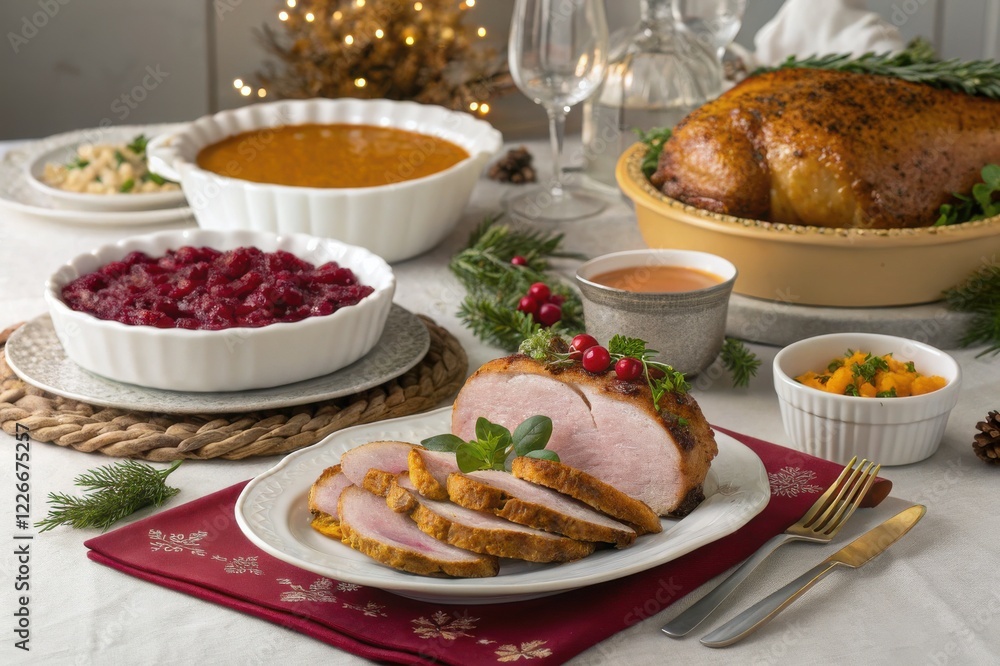 Table set for holiday feast with turkey and bowl of cranberry sauce decor Table set for holiday feast with turkey and bowl of cranberry sauce decor