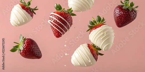 Fresh strawberries dipped in smooth white chocolate, suspended in midair against a soft pink background. A delicious and elegant dessert concept with a luxurious touch.