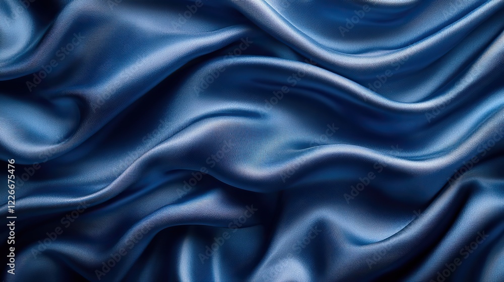 Fototapeta premium A dark blue colored background of soft draped fabric showcases the beauty of satin silk textured cloth, perfect for making clothes and curtains. This elegant textile texture embodies the color trend