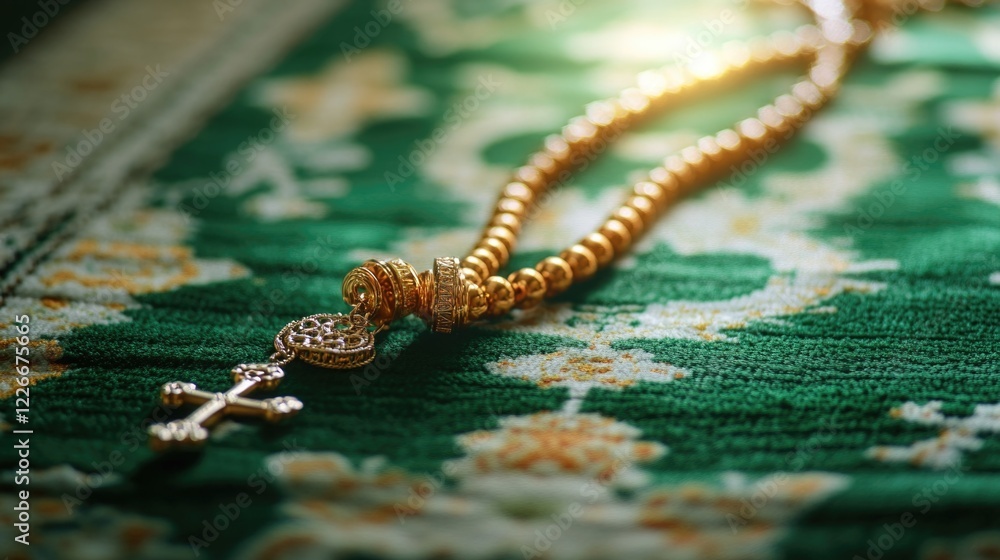 A gold cross necklace is laying on a green carpet. The necklace is adorned with many beads and is very shiny