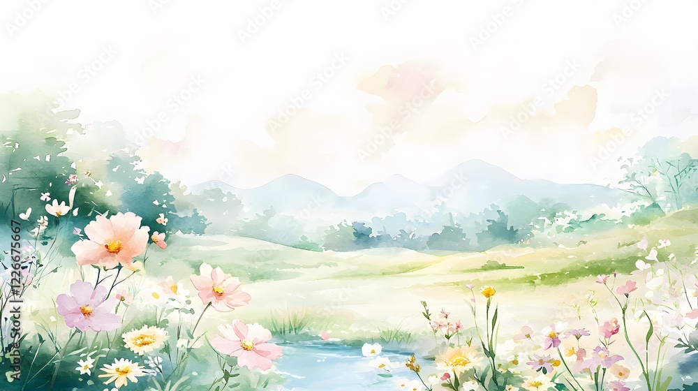 Fototapeta premium Spring meadow painting serene landscape watercolor art nature environment tranquil viewpoint soft colors concept