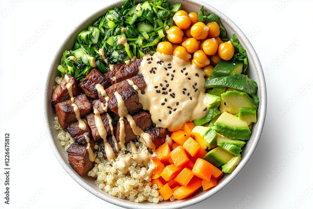 Buddha bowl with quinoa, roasted vegetables, chickpeas, and tahini sauce Buddha bowl with quinoa, roasted vegetables, chickpeas, and tahini sauce