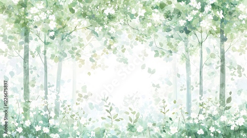 Dreamy watercolor landscape of a spring forest nature art tranquil aesthetic serene viewpoint