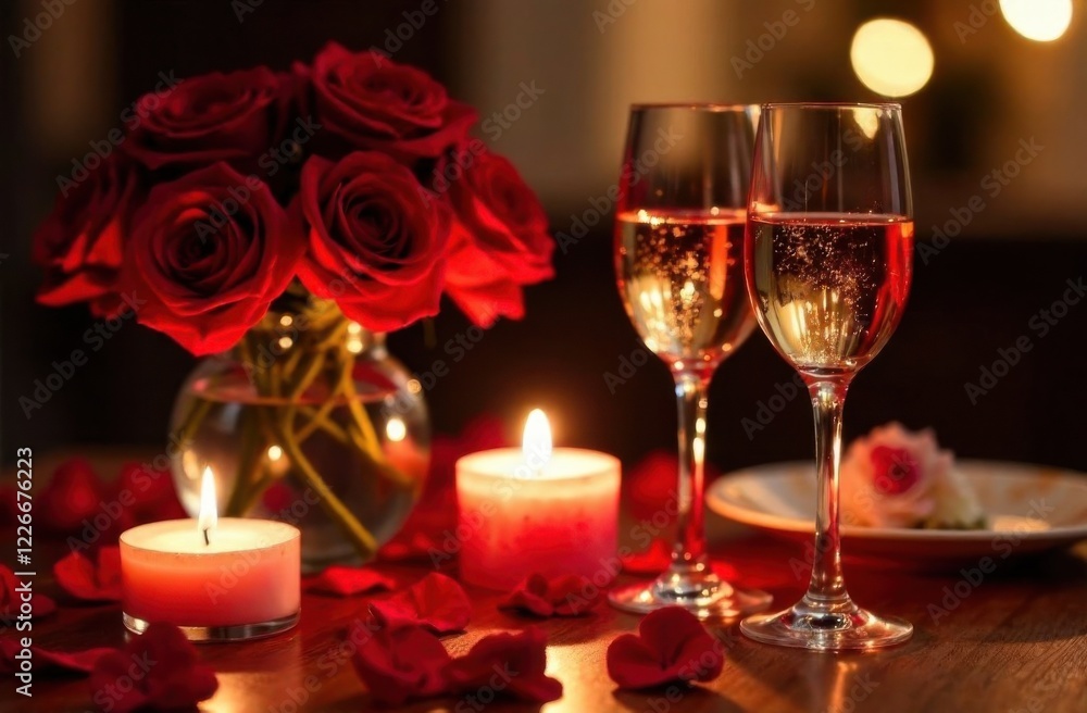 A romantic candlelit dinner table set for two, with red roses in a glass vase, heart-shaped candles, and sparkling wine glasses A romantic candlelit dinner table set for two, with red roses in a glass vase, heart-shaped candles, and sparkling wine glasses