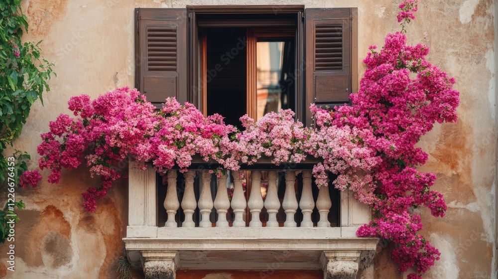 Fototapeta premium A romantic balcony window with cascading pink bougainvillea, overlooking a tranquil European plaza
