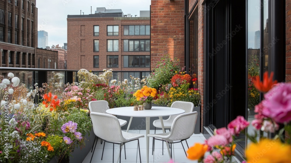 Fototapeta premium A rooftop caf-style terrace with a white bistro table, vibrant floral decor, and a cozy urban vibe