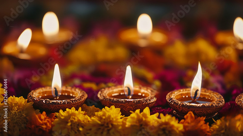 A close-up of colorful clay oil lamps (diyas) in a symmetrical pattern, glowing warmly with flickering flames. The background features blurred Rangoli designs and vibrant marigold flowers photo