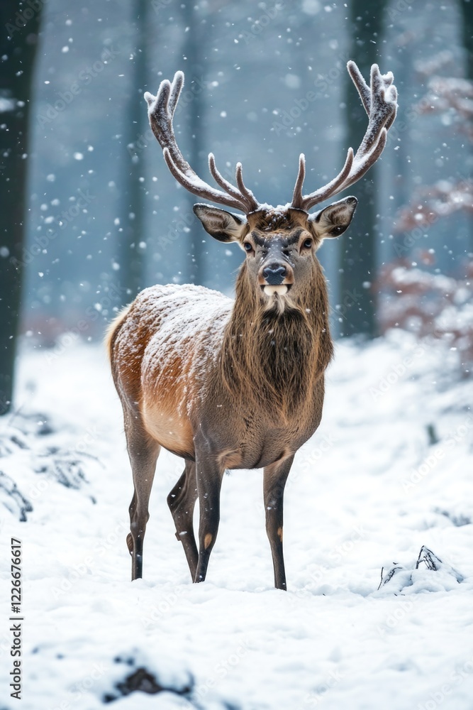 A deer stands in the snow with its antlers raised. Concept of strength and resilience, as the deer braves the cold winter weather A deer stands in the snow with its antlers raised. Concept of strength and resilience, as the deer braves the cold winter weather