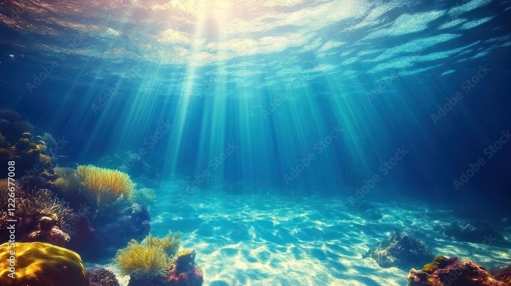 Fototapeta premium Underwater scene with sunlight filtering through water, illuminating coral and marine life.