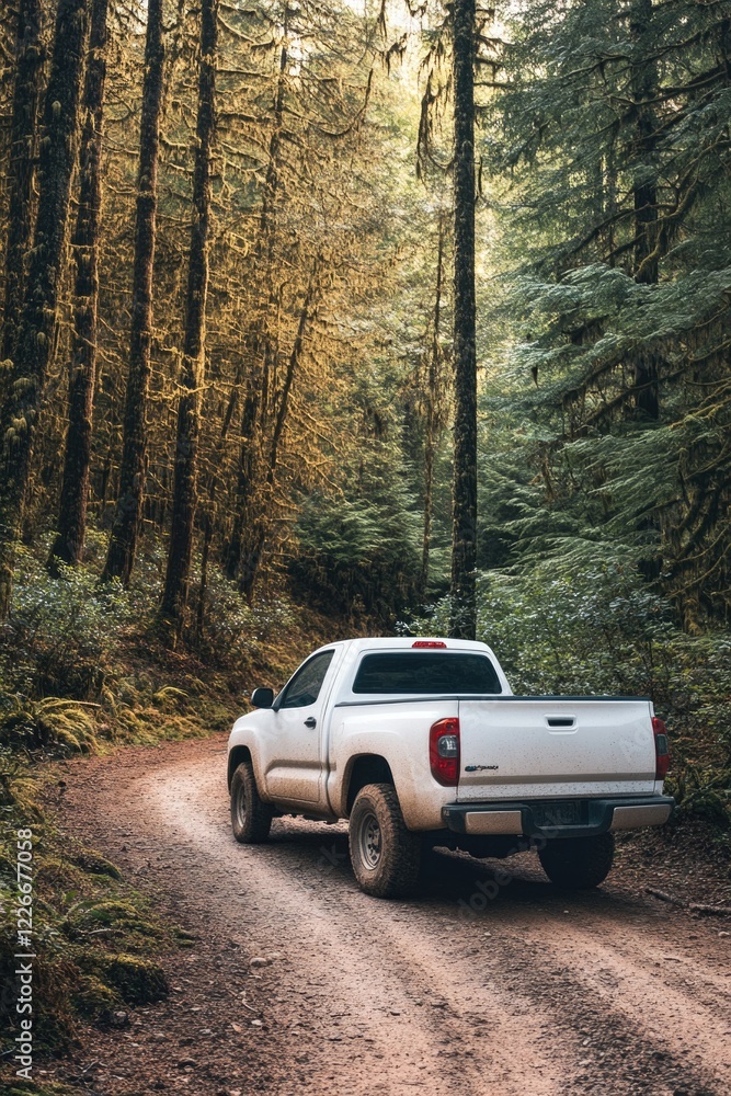 Truck driving down a forest road surrounded by fall foliage. Off-road adventure in a rural, wilderness setting. Truck driving down a forest road surrounded by fall foliage. Off-road adventure in a rural, wilderness setting.