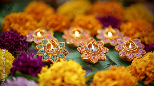 A close-up of colorful clay oil lamps (diyas) in a symmetrical pattern, glowing warmly with flickering flames. The background features blurred Rangoli designs and vibrant marigold flowers photo