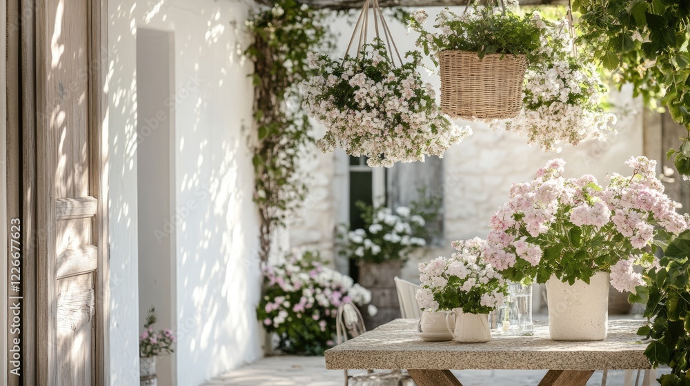 Fototapeta premium A serene urban retreat with a pergola, hanging flower baskets, and a rustic stone table