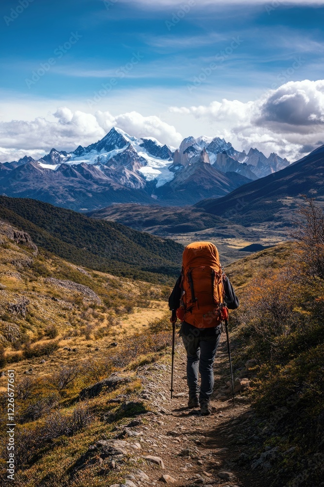 A person is walking on a trail in the mountains with a large backpack. The mountains in the background are covered in snow. The person appears to be enjoying the beautiful scenery A person is walking on a trail in the mountains with a large backpack. The mountains in the background are covered in snow. The person appears to be enjoying the beautiful scenery