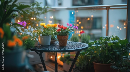 Fototapeta Naklejka Na Ścianę i Meble -  A small garden-style city terrace with a wrought iron table, vibrant potted flowers, and soft fairy lights