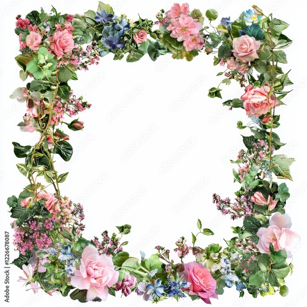 Fototapeta premium Elegant Floral Frame Border with Pink Roses, Green Foliage, and Vibrant Blossoms for Wedding or Garden Decoration
