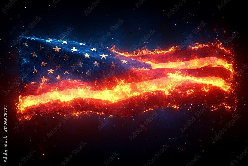 Wildfires in the USA in 2025. Background with flag and fire. Wildfires in the USA in 2025. Background with flag and fire.