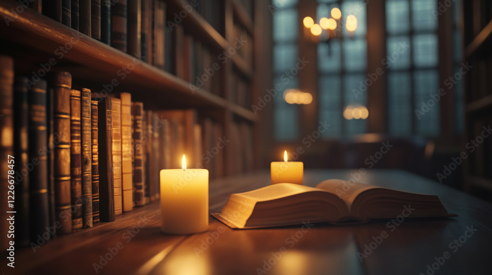 Serene Library Book Candles Peaceful Reading Cozy Atmosphere Vintage Bookshelf Dim Light Old Warm Serene Library Book Candles Peaceful Reading Cozy Atmosphere Vintage Bookshelf Dim Light Old Warm