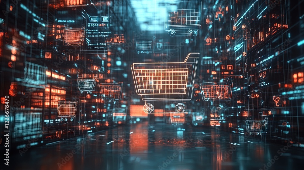 Obraz premium A captivating representation of e-commerce, with floating shopping carts and digital products, illustrating the evolution of shopping