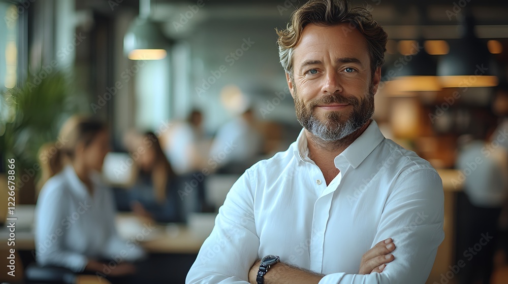 Obraz premium Professional leader standing confidently with a team collaborating in an open office environment, full body wide angle, 8K high resolution, with copy space