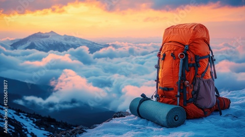 Orange backpack, mat on snowy mountain with cloudy horizon, for hiking ad