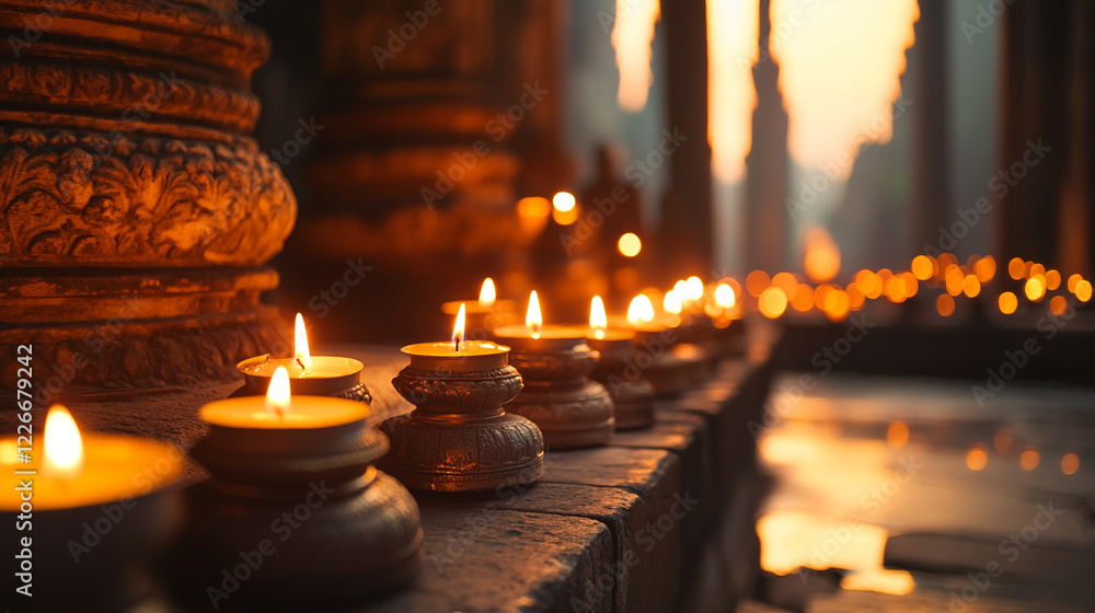 Golden Candles Burning Brightly in Ancient Temple Setting Peaceful Atmosphere Tranquil Spiritual Golden Candles Burning Brightly in Ancient Temple Setting Peaceful Atmosphere Tranquil Spiritual