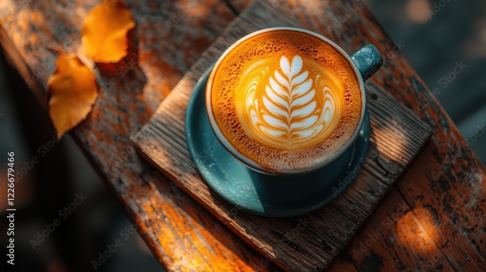 Latte with leaf art on wood table with leaves and blurred light for food blog Latte with leaf art on wood table with leaves and blurred light for food blog