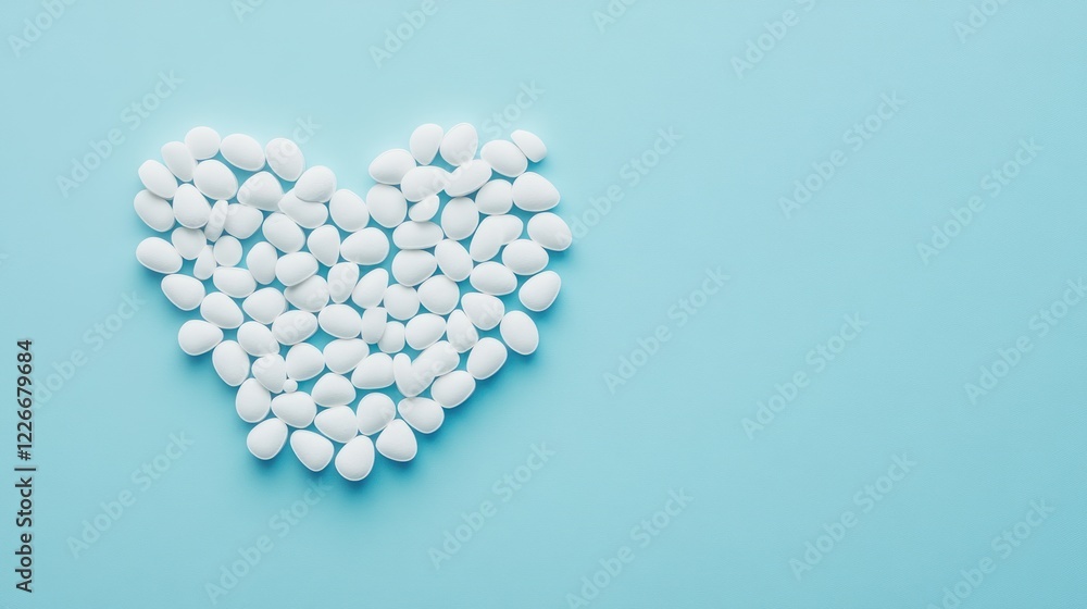White pebbles arranged in a heart shape on a light blue background. White pebbles arranged in a heart shape on a light blue background.