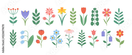 Set of modern flowers in flat geometric style. Collection floral icons in folk style. Perfect for poster, card, print for spring summer holiday, Easter, Mother's day. Vector illustration.