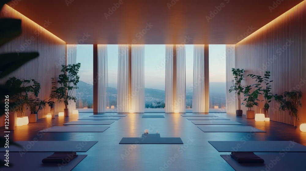 Fototapeta premium A tranquil yoga space with a minimalist design, soft lighting, and indoor plants creating a relaxing atmosphere