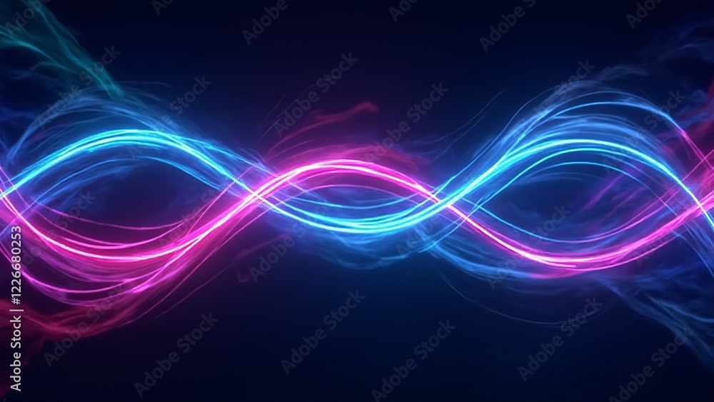 Naklejka premium Intertwined neon-curved lines create a futuristic, vibrant pattern, radiating with glowing light effects.