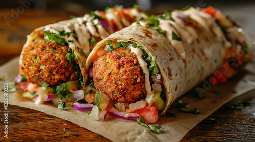 Two falafel wraps brimming with fresh vegetables herbs and a creamy sauce Served on parchment paper showcasing vibrant colors and textures A tempting Middle Easterninspired dish photo