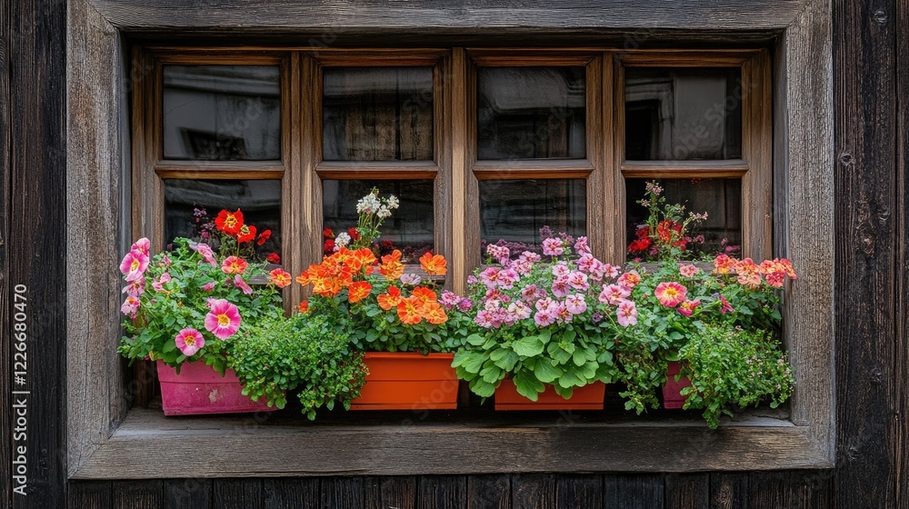 Fototapeta premium A Venetian-style window with bright flower boxes, reflecting gondolas and historic buildings