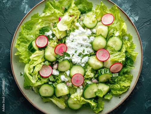 Vibrant salad with crisp lettuce, cucumbers, red onions and feta cheese. photo