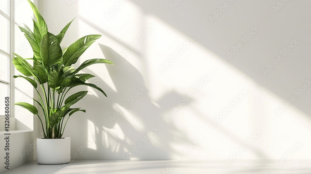 Sunlight illuminates plant in minimalist room corner Sunlight illuminates plant in minimalist room corner