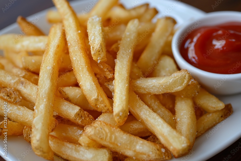 Plate of crispy golden French fries served with a small bowl of ketchup, perfect for snacking Plate of crispy golden French fries served with a small bowl of ketchup, perfect for snacking