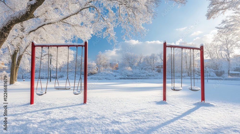 Snowy park swings, winter wonderland, serene landscape, peaceful scene, ideal for winter cards Snowy park swings, winter wonderland, serene landscape, peaceful scene, ideal for winter cards