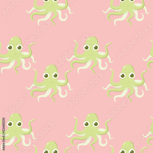 
Vector seamless pattern with green octopuses on a pink background. Colorful cute pattern for children about swimming and sea creatures. Suitable for children's design, wallpaper, fabric. Children's p