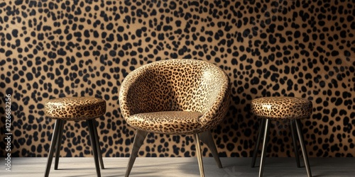 A set of modern animal print furniture consisting of a lounge chair and two bar stools, featuring bold wild animal patterns for an eye-catching design. photo